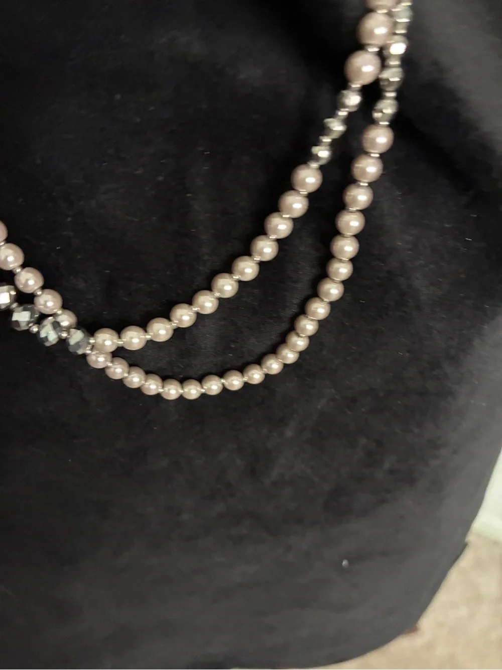 60-inch beaded necklace mix of soft gray faux pearls & faceted crystal beads
